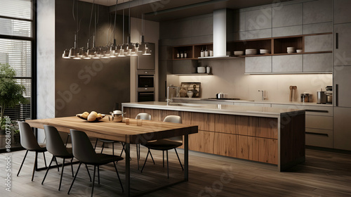 Design a contemporary urban kitchen with concrete countertops, stainless steel appliances, and sleek finishes