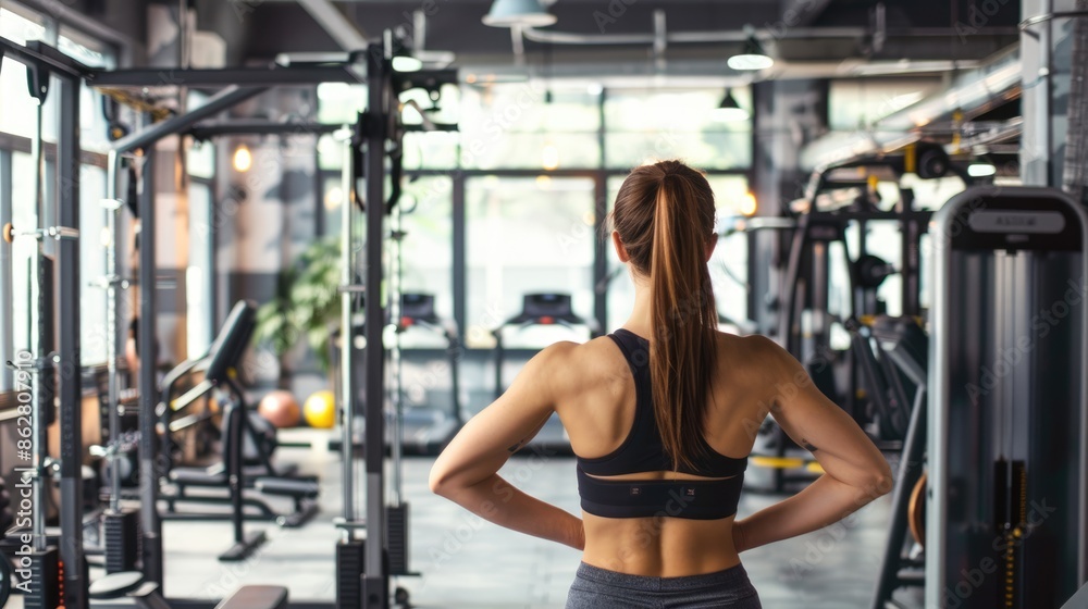 A fit and attractive woman stands confidently in a well-equipped gym, surrounded by various workout apparatus. The space is characterized by its modern aesthetics and ample natural lighting.