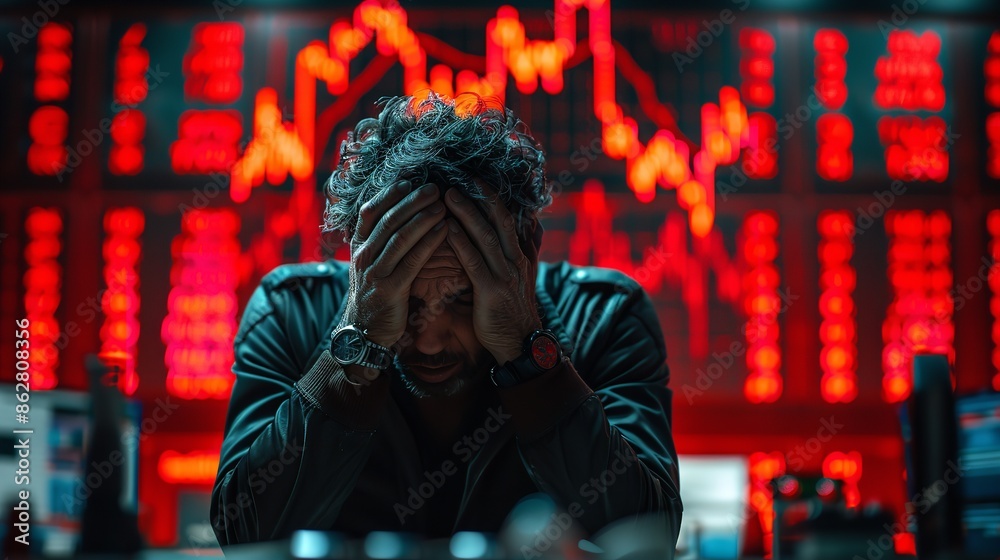 A man in a dark jacket sits in front of a screen showing red stock market data, his face buried in his hands A man in a dark jacket sits in front of a screen showing red stock market data, his face buried in his hands