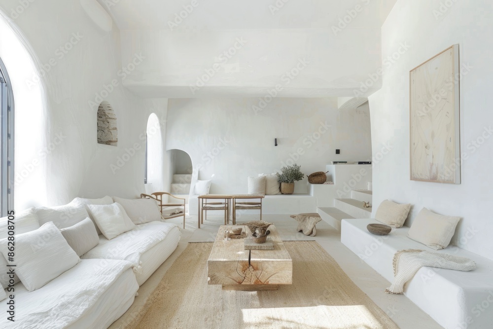 Fototapeta premium A serene living room with white walls, minimal furniture, and a few carefully chosen accents. The raw photo highlights the purity and simplicity of the space.