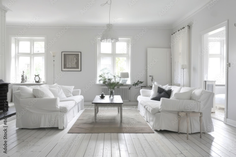 Fototapeta premium A bright and clean living room with white furnishings and minimal decor. The raw photo captures the unembellished and tranquil atmosphere.