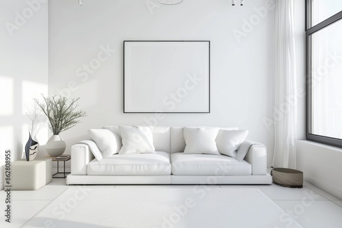 A modern living room with a white sofa, white walls, and minimal decor, captured in a raw photo that showcases the clarity and simplicity of the space. © kitipol