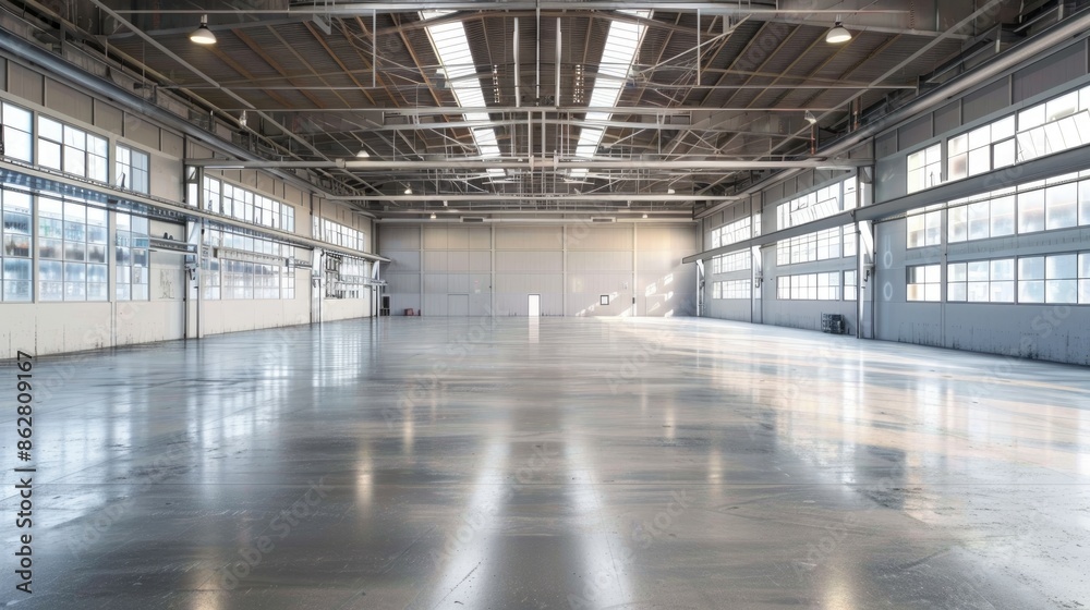 A spacious, pristine smart warehouse with high ceilings and ample natural light streaming through large windows. The clean floors and organized layout emphasize its efficiency. A spacious, pristine smart warehouse with high ceilings and ample natural light streaming through large windows. The clean floors and organized layout emphasize its efficiency.