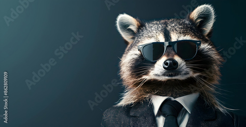 Stylish and Sophisticated Raccoon Wearing Suit and Sunglasses in Corporate Business Portrait  Cute and Funny Animal Character for Office Workspace or Lifestyle Branding