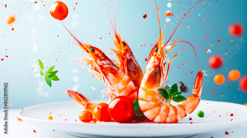 Vibrant and lively shrimp dancing on a plate surrounded by a colorful splash of liquids and sparkling bubbles creating a gourmet culinary delight and festive atmosphere photo