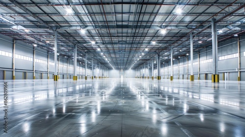 An empty, clean smart warehouse with polished floors and bright, clear lighting. The space is organized and well-lit, highlighting its modern design. © kitipol