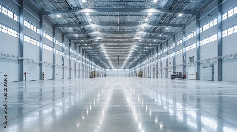 A modern, empty warehouse featuring clean surfaces and advanced infrastructure, bathed in clear, bright light. The space is ready for high-tech operations. A modern, empty warehouse featuring clean surfaces and advanced infrastructure, bathed in clear, bright light. The space is ready for high-tech operations.
