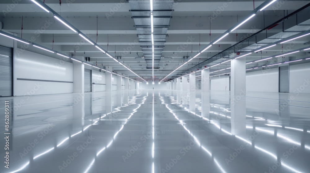Obraz premium An immaculate smart warehouse with sleek, clean floors and bright lighting. The empty space is organized and optimized for modern storage solutions.