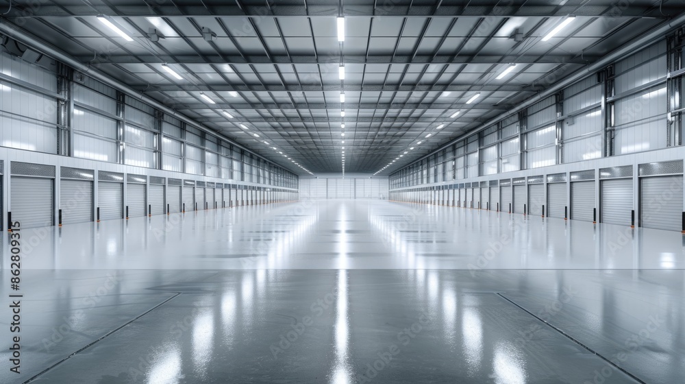 An immaculate smart warehouse with sleek, clean floors and bright lighting. The empty space is organized and optimized for modern storage solutions. An immaculate smart warehouse with sleek, clean floors and bright lighting. The empty space is organized and optimized for modern storage solutions.