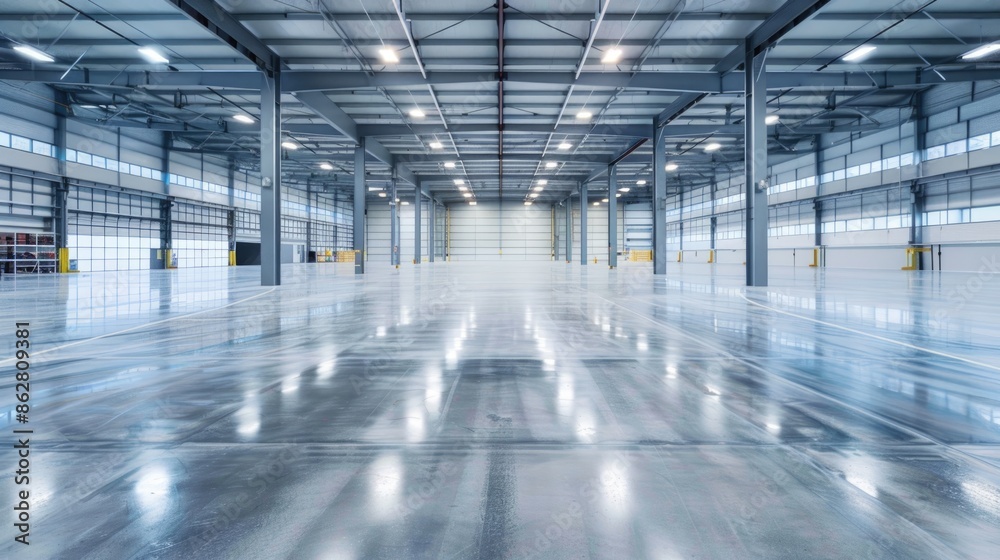A bright, empty warehouse with polished floors and clear, natural light flooding in. The clean and organized environment showcases its smart design. A bright, empty warehouse with polished floors and clear, natural light flooding in. The clean and organized environment showcases its smart design.