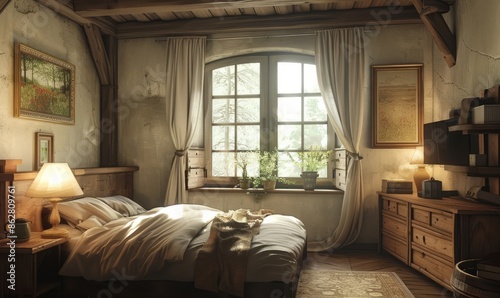 Rustic bedroom with a mockup canvas on the dresser