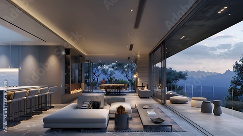 Wallpaper Mural Luxurious home interior featuring an open living room and kitchen, minimalist design, and a balcony with a breathtaking view. Torontodigital.ca