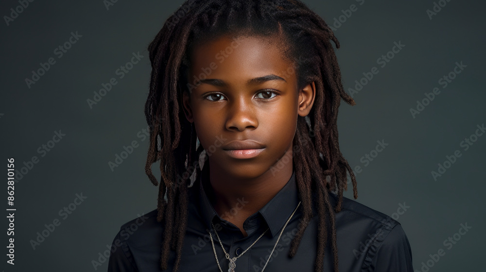 Portrait of a serious, troubled African-American teenager guy with long hair and perfect skin, silver background, banner. Portrait of a serious, troubled African-American teenager guy with long hair and perfect skin, silver background, banner.