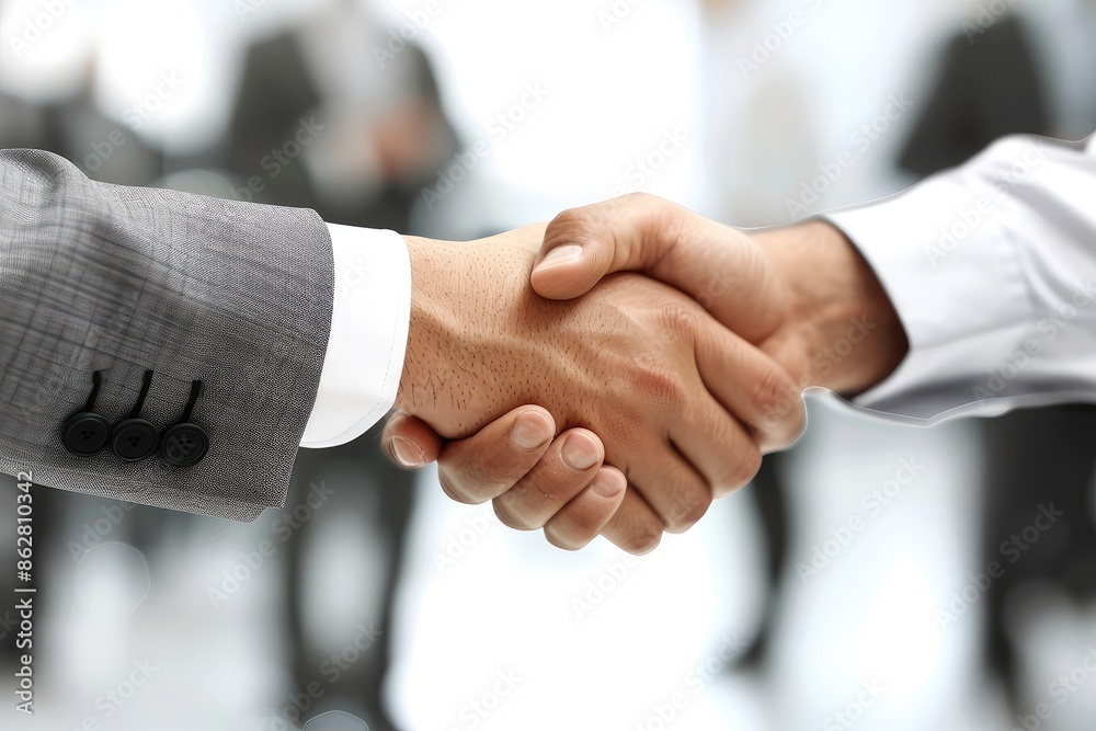 Close-up of businessmen shaking hands in a bright, contemporary office, symbolizing the completion of a real estate transaction Close-up of businessmen shaking hands in a bright, contemporary office, symbolizing the completion of a real estate transaction