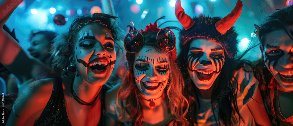Obraz premium group of friends having fun at halloween party, dancing in the club with face painting and devil horns makeup