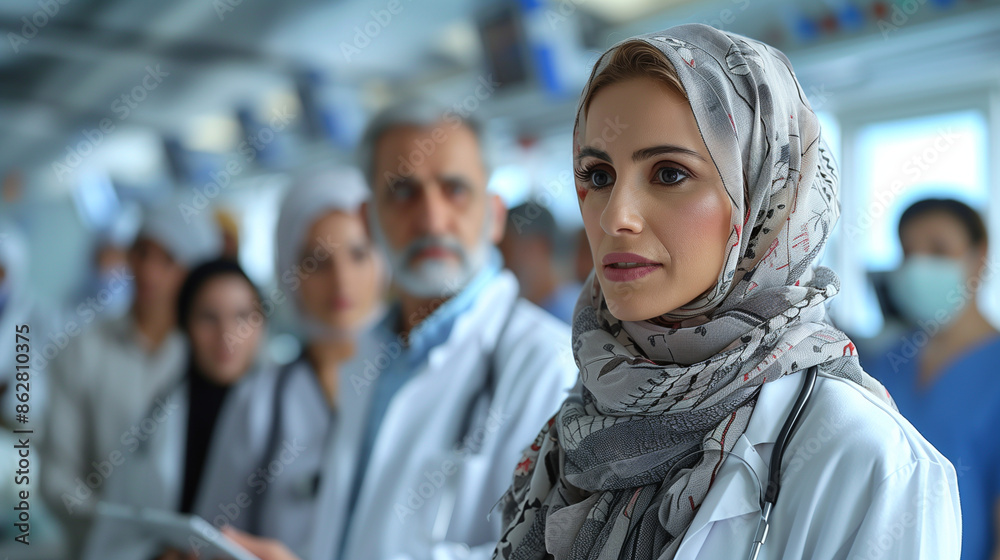 A group of Middle Eastern healthcare professionals, including doctors and nurses of different ages and backgrounds, gathered around a patient bed in a well-equipped hospital room A group of Middle Eastern healthcare professionals, including doctors and nurses of different ages and backgrounds, gathered around a patient bed in a well-equipped hospital room