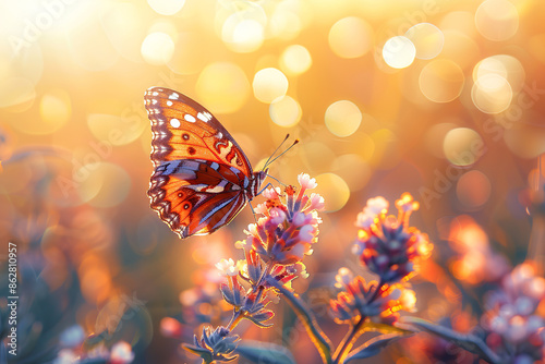 Wallpaper Mural blue and orange butterfly  with wings spread, perched on the flowers of exotic plant, sunlight with bokeh effects Torontodigital.ca