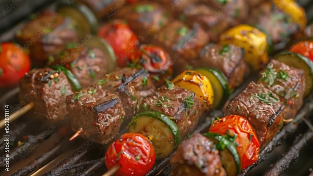 Close-up of grilled beef kebabs with cherry tomatoes, zucchini, and yellow peppers, showcasing the char marks and juicy texture of the meat. Close-up of grilled beef kebabs with cherry tomatoes, zucchini, and yellow peppers, showcasing the char marks and juicy texture of the meat.