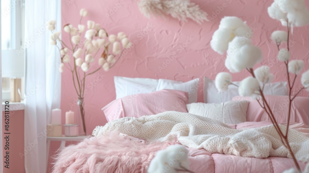 A cozy bedroom decorated in shades of cotton candy, with fluffy textures and minimalist design elements creating a warm and inviting atmosphere. The image provides plenty of copy space for A cozy bedroom decorated in shades of cotton candy, with fluffy textures and minimalist design elements creating a warm and inviting atmosphere. The image provides plenty of copy space for