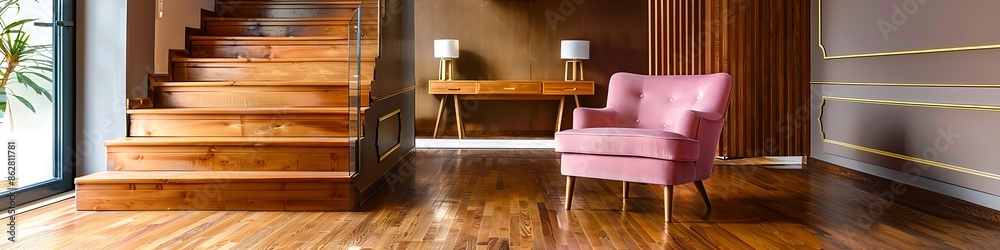 Minimalist apartment entrance hall featuring wooden staircase, pink armchair, hardwood floor, sophisticated design, stylish furniture, contemporary home decor, bright lighting - Minimalist apartment entrance hall featuring wooden staircase, pink armchair, hardwood floor, sophisticated design, stylish furniture, contemporary home decor, bright lighting -