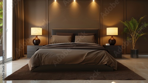 Wallpaper Mural A contemporary bedroom in elegant brown tones, with minimalist decor and plenty of copy space for customization. Torontodigital.ca