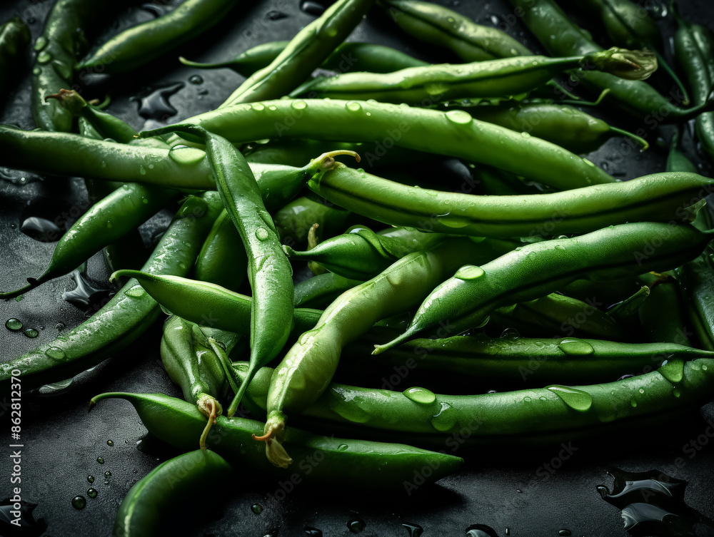 A bunch of green beans with water droplets on them. Concept of freshness and vitality, as the green beans are still wet from the rain A bunch of green beans with water droplets on them. Concept of freshness and vitality, as the green beans are still wet from the rain