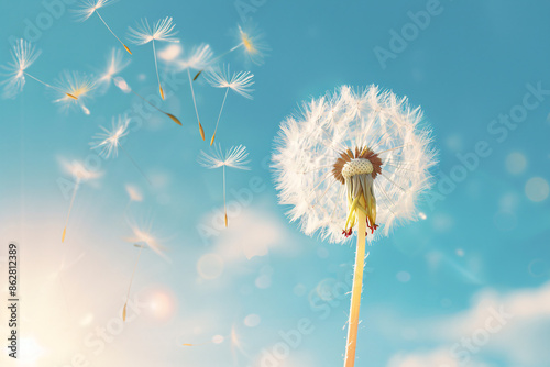 a dandelion flower with seeds flying in the air photo