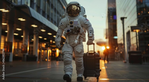 Astronaut Walking Through City Street With Luggage at Sunset