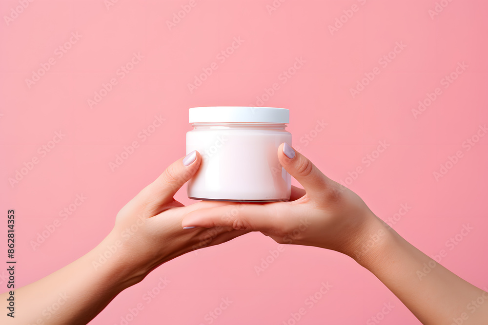 Closeup woman's hand holding a cream jar isolated on pink background Closeup woman's hand holding a cream jar isolated on pink background