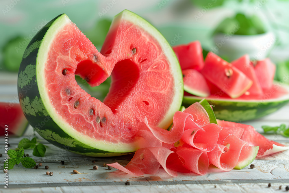 National Watermelon Day. Watermelon cut into heart shape. pieces of heart shaped watermelon with copyspace. love concept. Valentine's Day Concept National Watermelon Day. Watermelon cut into heart shape. pieces of heart shaped watermelon with copyspace. love concept. Valentine's Day Concept