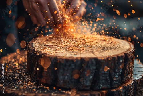 A hand strikes a piece of wood with a metal tool, creating a shower of sparks photo