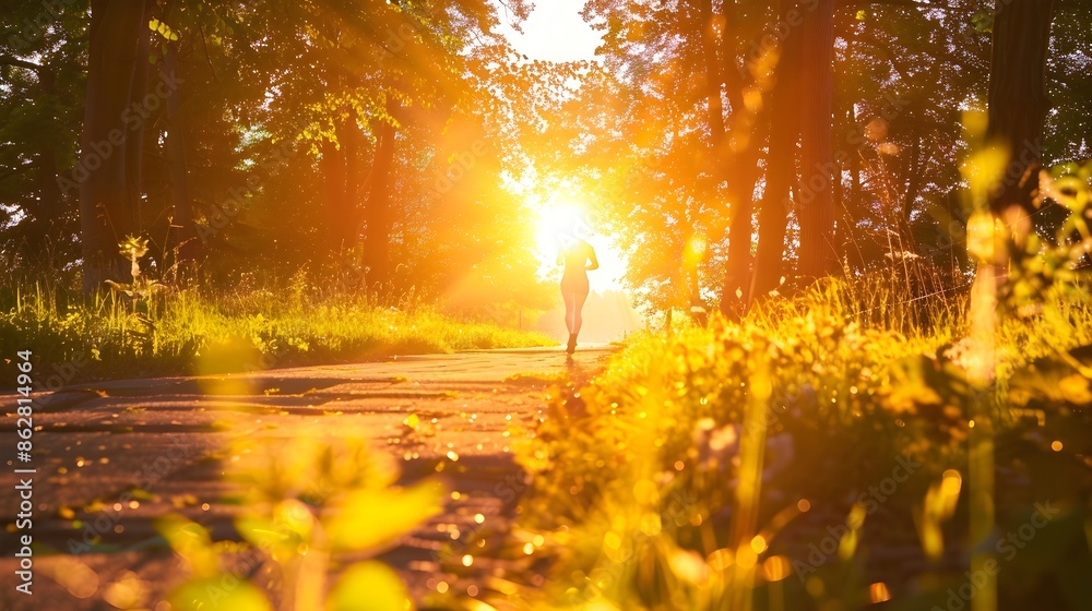 Fototapeta premium Person Jogging on Park Trail During Soft Lit Sunrise Scenic
