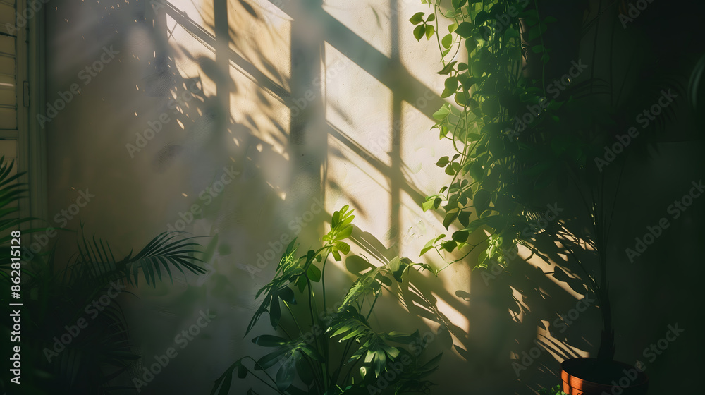 Obraz premium Boranical Plants Window Shadow on the Wall Sun Leaks Light JPG