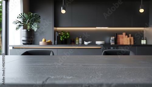 Minimalist gray dining table in a stylish kitchen, contemporary decor, elegant design, sleek home, modern interior, functional space, chic ambiance, sophisticated look. photo