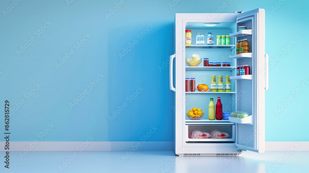 An industrial refrigerator stands open, revealing its well-organized shelves stocked with various food items An industrial refrigerator stands open, revealing its well-organized shelves stocked with various food items