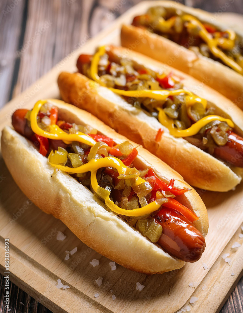Sausages in freshly baked buns with sauteed onions, peppers and mustard. Delicious hot dog. Sausages in freshly baked buns with sauteed onions, peppers and mustard. Delicious hot dog.