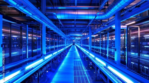 A high-tech data center with servers and network cables neatly arranged, all emitting a cool blue glow in a sterile, clean environment. © funny