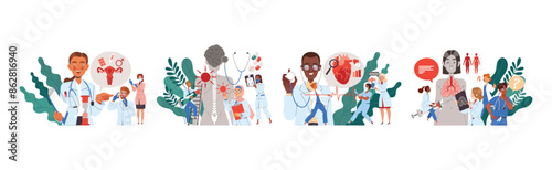 Medical Examination with Man and Woman Practitioner Examining Patient Vector Set