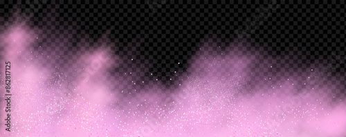 Pink powder dust with glittering shimmering swirls, shiny glitter design. Magical motion, sparkling lines on a black background.
