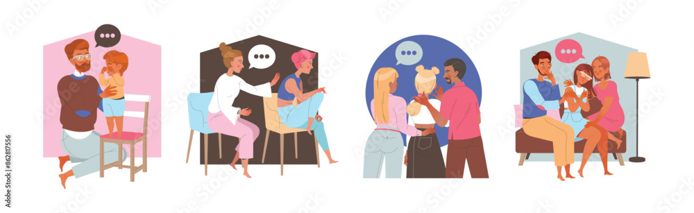 Parents Comforting Child Supporting and Talking of Problem Vector Set Parents Comforting Child Supporting and Talking of Problem Vector Set