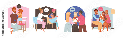 Parents Comforting Child Supporting and Talking of Problem Vector Set