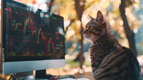 Photograph of a cat in a park trading cryptocurrencies. Crypto