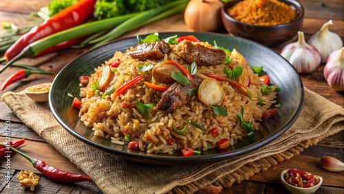 Savory Indonesian-style fried rice dish with vegetables, meat, and spices, garnished with fried shallots and served on a plate. photo