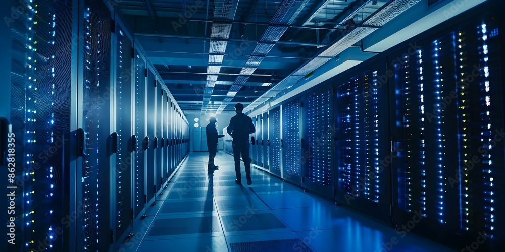 Technicians monitor servers in data center rows using digital dashboards. Concept Data Center Monitoring, Server Management, Digital Dashboards, Technicians, IT Infrastructure Technicians monitor servers in data center rows using digital dashboards. Concept Data Center Monitoring, Server Management, Digital Dashboards, Technicians, IT Infrastructure
