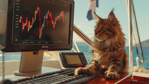 Photograph of a cat at a snowy park in winter trading cryptocurrencies. Crypto