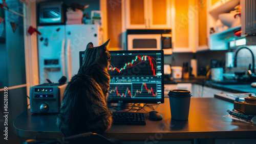 Photograph of a cat in a livingroom trading cryptocurrencies. Crypto
