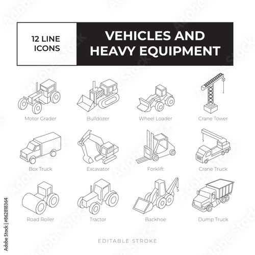 Vehicles and heavy equipment line icon set vector simple, black and white vector icon bundle isometric