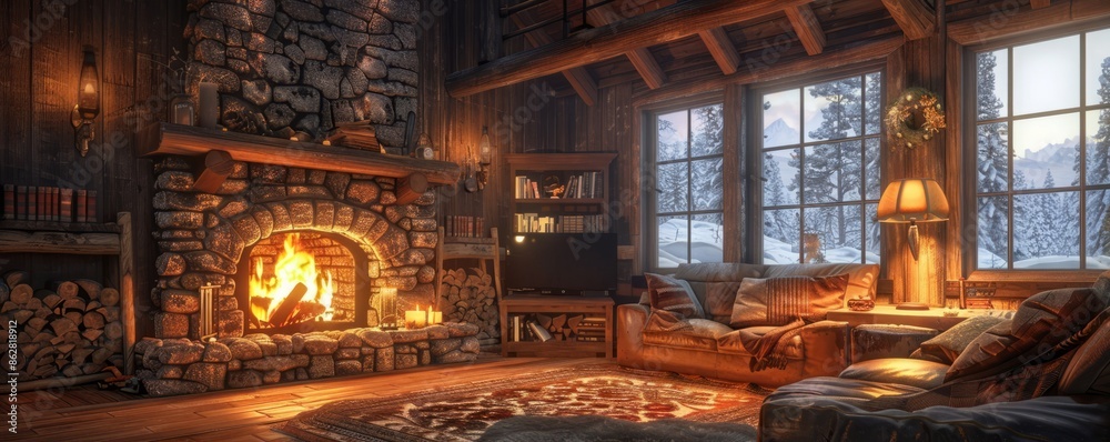 A cozy cabin fireplace with a cozy atmosphere. Realistic. A cozy cabin fireplace with a cozy atmosphere. Realistic.