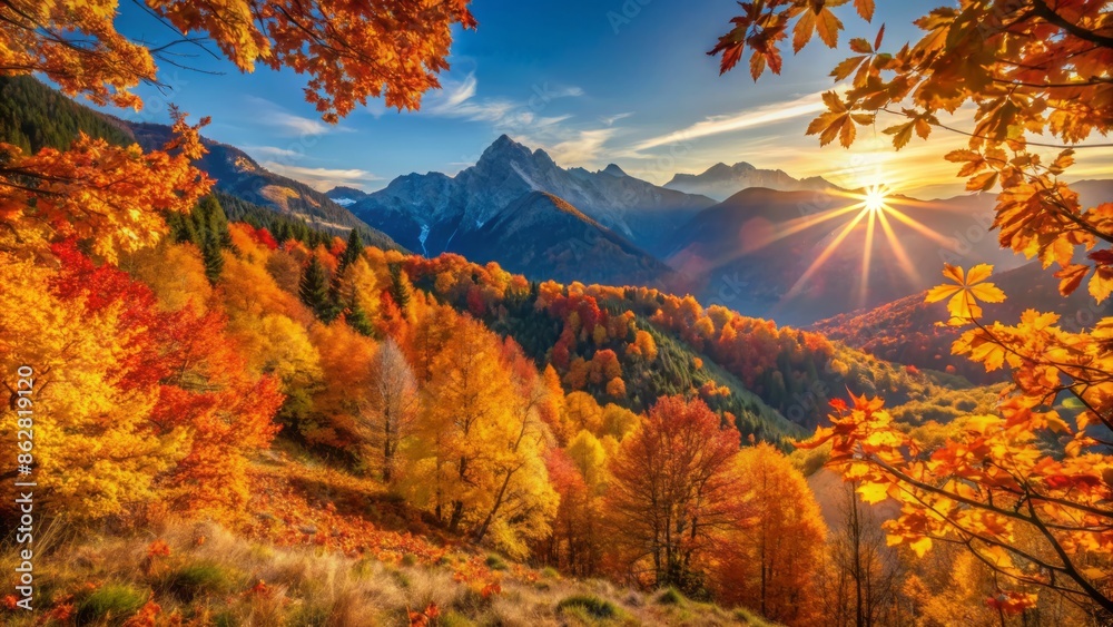 Fototapeta premium Autumnal mountain landscape with vibrant orange and yellow leaves blurred in the background, softly lit by warm sunlight filtering through.