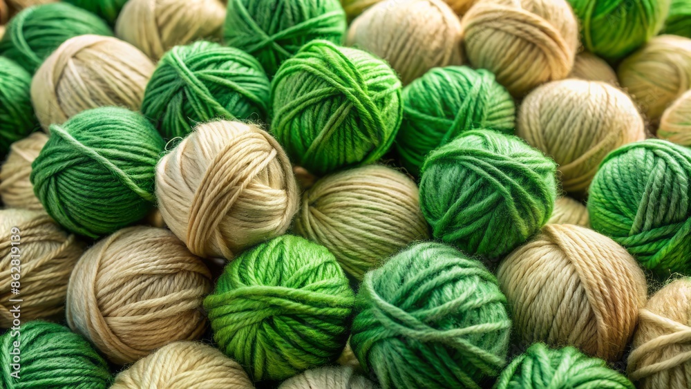 Vibrant green and beige yarn balls nestled together, waiting to be transformed into a cozy handmade knitting masterpiece.